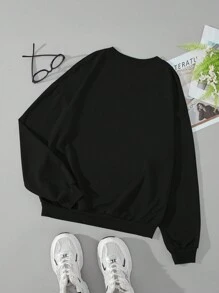 女士连帽衫时尚休闲落肩圆领连帽衫学院风彩色字母印花秋冬季保暖运动长袖上衣 - 黑色 - 查看 2