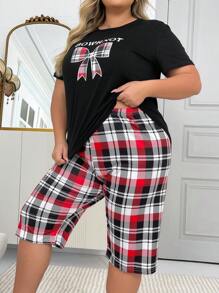 Bộ đồ ngủ tay ngắn 3/4 in nơ kẻ caro rộng rãi, thường ngày, cỡ lớn - màu đen - Xem 1