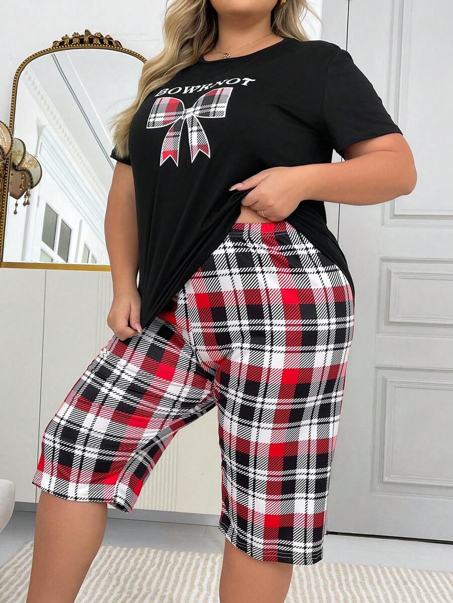 Bộ đồ ngủ tay ngắn 3/4 in nơ kẻ caro rộng rãi, thường ngày, cỡ lớn - màu đen - Xem 1