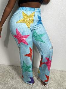 Slaydiva Women's Star Print Denim Effect Pants - Multicolor - View 5