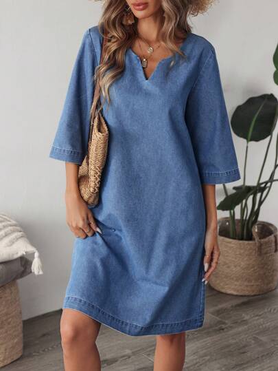 SHEIN LUNE Women's Holiday Casual Notched Neck Denim Dress