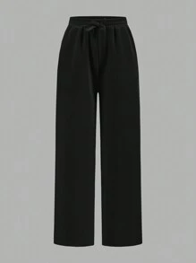 SHEIN Girlism 2pcs Tween Girls' Loose Knit Wide Leg Jogger Pants Set - Black and White - View 5