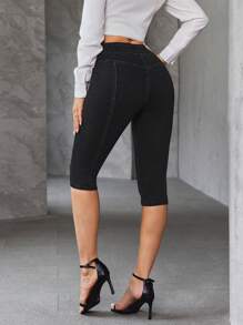 SHEIN Essnce Women Button Front Pin Striped Skinny Capri Jeans - Black - View 2