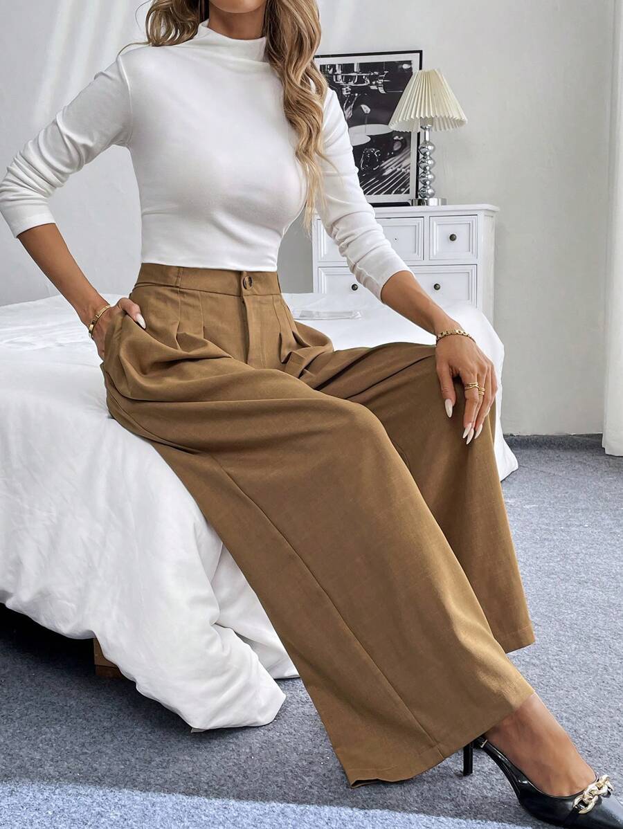Chiquease Khaki Elegant Wide Leg Trousers - Khaki - View 1