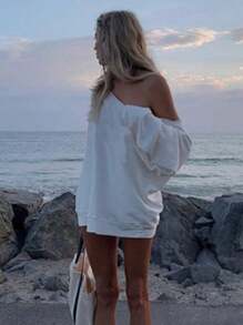 INAWLY 女士纯色露肩长袖简约运动衫，休闲日常穿着 - 白色 - 查看 2