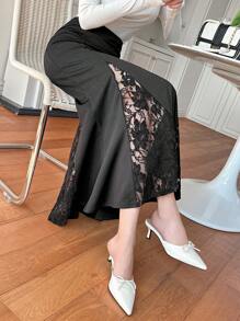 DAZY 女士蕾丝拼接美人鱼黑色半身裙，休闲度假风，荷叶边 - 黑色 - 查看 8