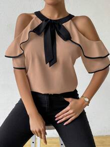 EMERY ROSE 女士系肩修身休闲优雅衬衫 - 棕色 - 查看 6