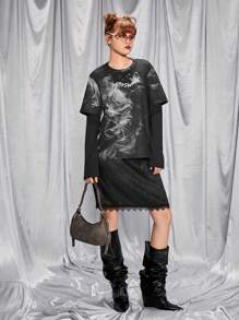 SHEIN Conjunto de 2 peças para meninas adolescentes: camiseta estampada e saia plissada, adequado para combinar com bolsa de ombro, mochila, bolsa tiracolo, boné de beisebol, chapéu de balde, boina, botas curtas, botas longas, sapatos casuais, sapatos Mary Jane, óculos de sol, fones de ouvido