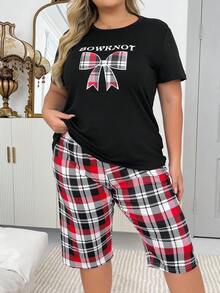 Bộ đồ ngủ tay ngắn 3/4 in nơ kẻ caro rộng rãi, thường ngày, cỡ lớn - màu đen - Xem 6