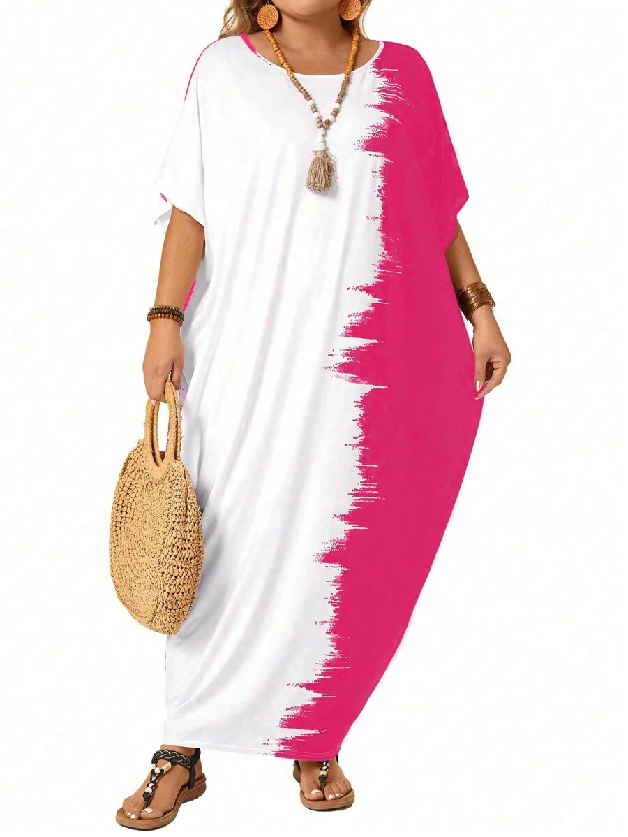 SHEIN LUNE Plus Size Women's Summer Contrast Color Round Neck Batwing Short Sleeve Loose Straight Casual Dress