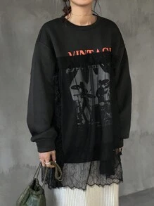 FRIFUL Women's Crew Neck Long Sleeve Mesh Contrast Letter Print Loose Sweatshirt Sheer Fall,Winter - Black - View 7