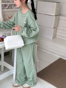 DAZY 2pcs/Set Tween Girl Knit Letter Print Outfit, Fall,Back To School Clothes - Green - View 3