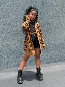 SHEIN Tween Girl Daily Wear Long Sleeve Leopard Print Open Front Long Cardigan, Fall Clothes - Pink - View 4