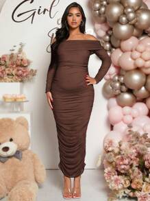 Loomaby 孕妇长袖荷叶边露肩纯色连衣裙，春夏季，适合婴儿洗礼 - 咖啡棕 - 查看 3