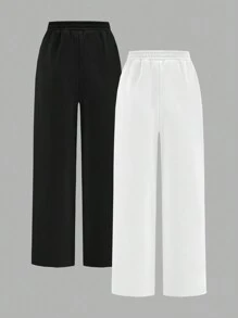 SHEIN Girlism 2pcs Tween Girls' Loose Knit Wide Leg Jogger Pants Set - Black and White - View 2