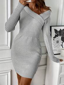 Chiquease Solid Color Long Sleeve Simple Button Cropped Sweater Dress, Casual Daily Wear - Grey - View 3