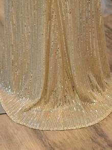 SHEIN 青少年女孩闪亮优雅高腰荷叶边 V 领开衩长裙礼服 - 杏色 - 查看 3