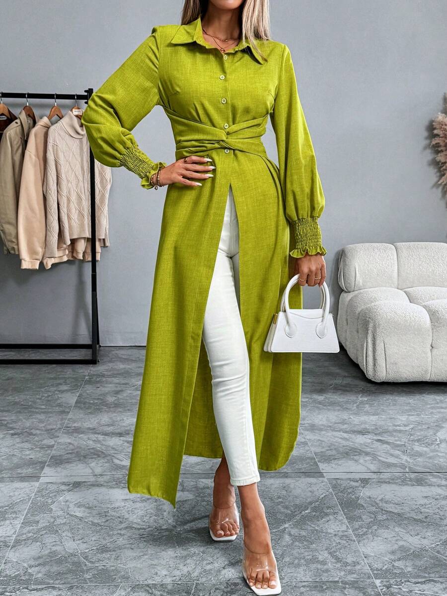 Calvaya Long Sleeve Button-Up Long Shirt With Waist Twist Detail