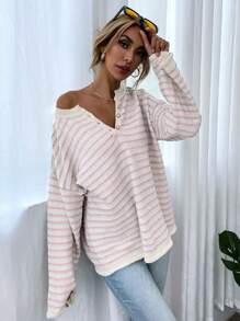 Chiquease Áo len kẻ sọc hồng tối giản, phong cách thường ngày cho ngày Valentine, áo len chui đầu mùa thu đông. - Màu Hồng baby - Xem 5