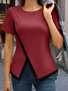 SHEIN Clasi 女士夏季休闲撞色拼接开叉 T 恤 - 酒紅色 - 查看 1