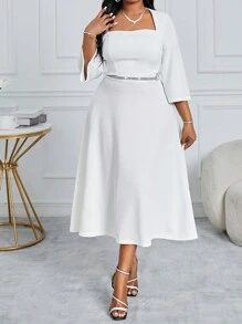 SHEIN Lady Vestido de corte patinador minimalista con cuello cuadrado, mangas largas, decoración metálica y drapeado para dama de honor de talla grande en unicolor. Vestido elegante para invitada de boda de otoño. - Blanco - Ver 3