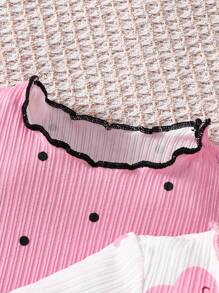 SHEIN 4 件装女婴罗纹边圆领短袖卡通图案睡衣套装，吸湿排汗透气 - 粉色 - 查看 3