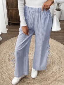 SHEIN LUNE Women's Casual Regular Striped Basic Daily Lace-Up Slit Leg Pants - Blue and White - View 4