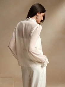 Anewsta 女士优雅手工花卉领装饰宽松轻便长袖衬衫，秋冬，长袖上衣 - 杏色 - 查看 5