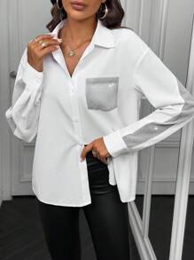 Chiquease 女士休闲亮片拼布翻领长袖衬衫 - 白色 - 查看 4