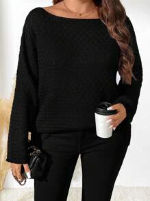 SHEIN LUNE Áo len dài tay màu trơn cỡ lớn dành cho nữ, áo len dệt kim mùa thu/đông. - màu đen - Xem 6
