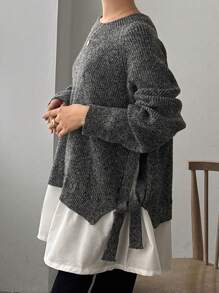 FRIFUL Áo len chui đầu rộng rãi màu tương phản dành cho nữ với thiết kế 2 trong 1 và xẻ tà bên hông - Xám - Xem 8