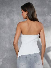 Hauture Maglione a costine con scollo a cuore e orlo asimmetrico con spacco - Beige - Visualizzare 2