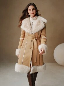 Anewsta Thickened Fluffy Trimmed Fluffy Furry Cinched Waist Regular Jacket For Women - Apricot - View 8
