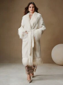 Anewsta 长款蓬松修边蓬松中长款 A 字腰部修身经典女士蓬松外套 - 米色 - 查看 3