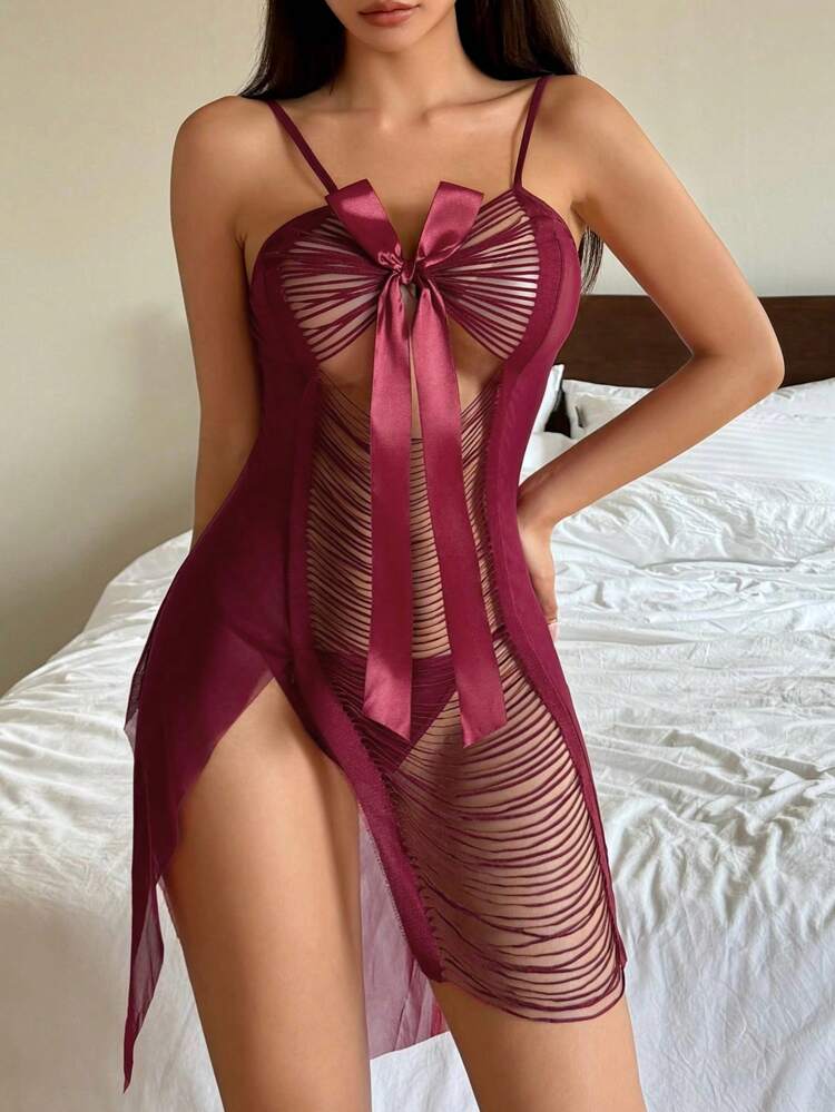 2pcs Sheer Mesh Hollow Tassel Sexy Babydoll And G-String Set For Going Out Red Women Dresses Lingerie For Women