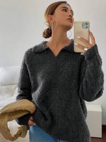 DAZY Oversized Casual Basic Long Sleeve Polo Neck Sweater,Fall Women Clothes - Black - View 4