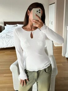 DAZY Double-Layer Mesh Lace Floral Hollow Out Ruffle Trim Fitted Pajama Top - White - View 8