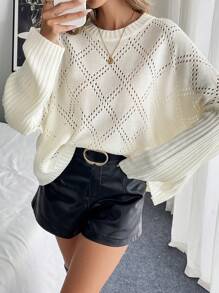 Chiquease 女式宽松纯色落肩长袖毛衣，秋季 - 白色 - 查看 6