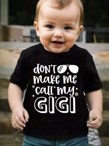 SHEIN Baby Boy Funny Letter Print Short Sleeve T-Shirt, Summer - Black - View 1