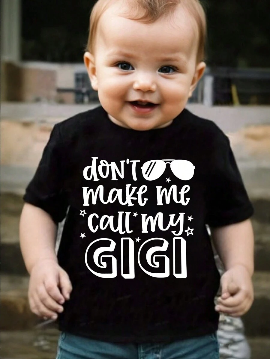 SHEIN Baby Boy Funny Letter Print Short Sleeve T-Shirt, Summer - Black - View 1