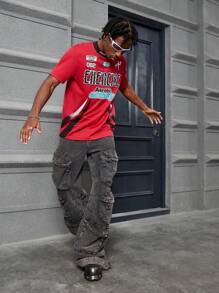 PAVTROS Manfinity Streetrush Men Mesh Athletic Fitted Stand Collar Round Neck Printed T-Shirt - Red - View 7