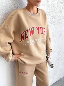 SHEIN Cottnline Cotton Casual, Text Print, Easy To Style, Simple, Daily Wear, Sweatshirt & Sweatpants 2pcs Set - Beige - View 4