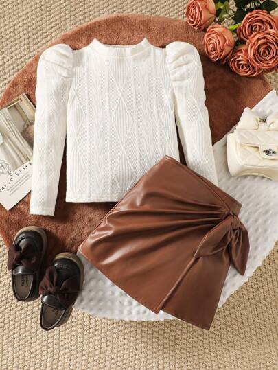 SHEIN Leap Crew S Young Girl Young Girl And Young Girl Textured Round Neck Balloon Sleeve T-Shirt With PU Skirt Set, Suitable For Casual Everyday Wear, Autumn Winter