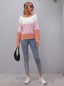 SHEIN LUNE Crew Neck Long Sleeve Colorblock Minimalist Pullover Sweater, Casual Daily Wear, Knit Pullover Fall Winter - Multicolor - View 3