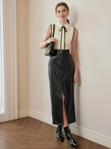 MOTF PREMIUM 系带领口撞色绑带纹理衬衫 - 白色 - 查看 2