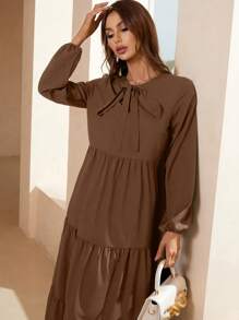 Mulvari Solid Color Front Tie Long Sleeve Ruched Minimalist Long Dress - Casual Daily Wear , Brown Maxi Women Outfit Fall Cloth For Women - Brown - View 6