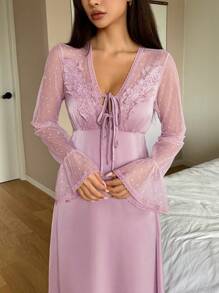 DAZY Satin & Contrast Lace Ruffle Sleeve Waist Cinched Nightgown Pajama - Dusty Pink - View 4