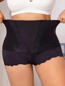 Plus Size Black High Waisted Scallop Trim Shapewear Shorts For Women Casual Comfy Stretch Fabric Underwear