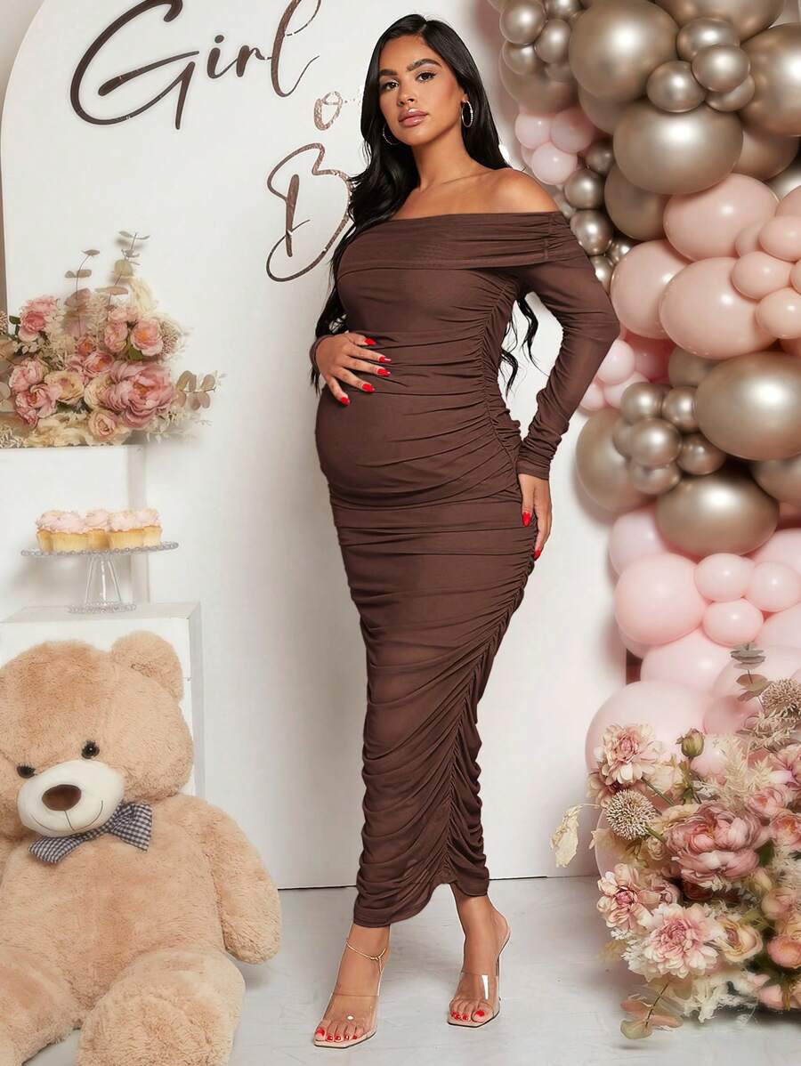 Loomaby 孕妇长袖荷叶边露肩纯色连衣裙，春夏季，适合婴儿洗礼 - 咖啡棕 - 查看 1
