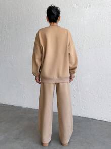 SHEIN Cottnline Cotton Casual, Text Print, Easy To Style, Simple, Daily Wear, Sweatshirt & Sweatpants 2pcs Set - Beige - View 2